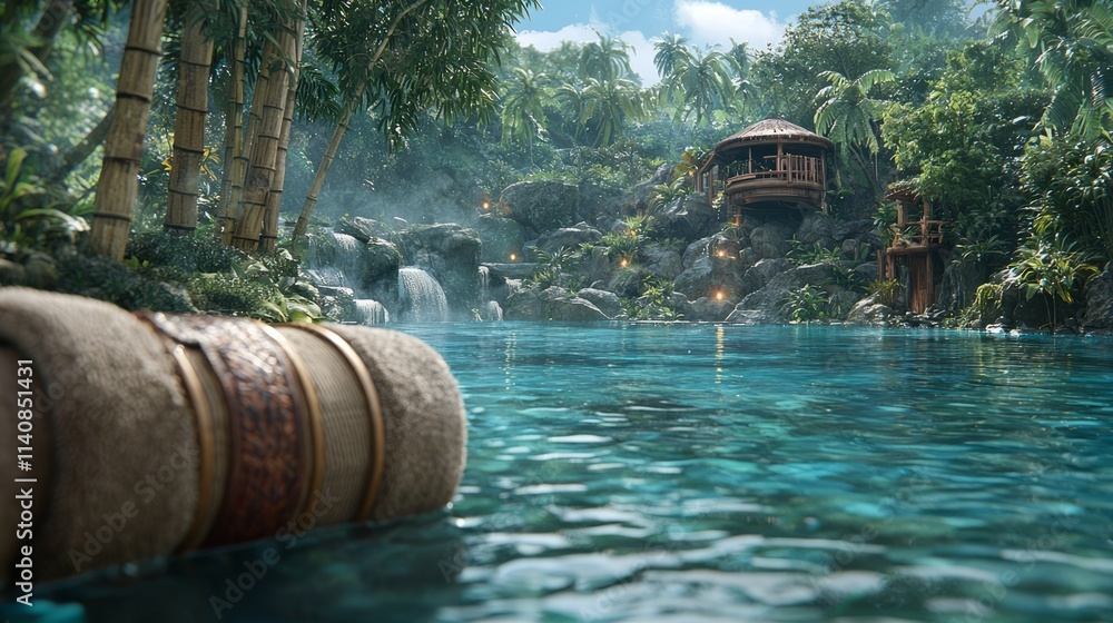 Fototapeta premium A tranquil tropical scene with a serene pool and lush greenery.