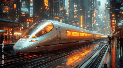 Wallpaper Mural Futuristic train speeds through rainy cyberpunk city. Torontodigital.ca
