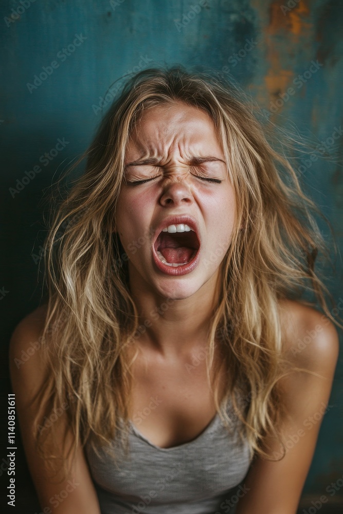 Woman with long hair screams, eyes closed. Woman with long hair screams, eyes closed.