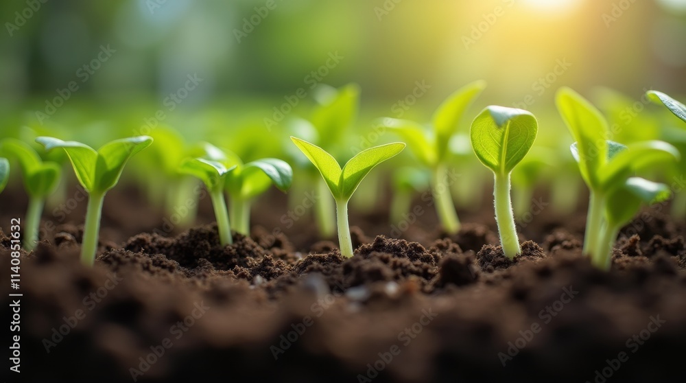 Close-up of fresh green seedlings sprouting from dark, moist soil, illuminated by soft sunlight in a greenhouse. A vibrant display of early plant growth. Close-up of fresh green seedlings sprouting from dark, moist soil, illuminated by soft sunlight in a greenhouse. A vibrant display of early plant growth.