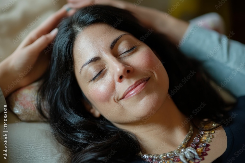 Fototapeta premium Woman relaxing, eyes closed, hands on head, necklace.