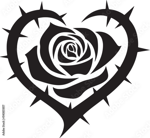 A sleek vector silhouette of a rose with thorns a white background, Valentine's Day breakup vector style silhouette, rose and heart vector silhouette