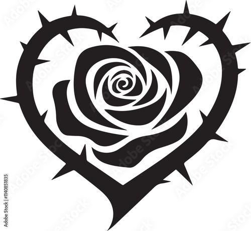 A sleek vector silhouette of a rose with thorns a white background, Valentine's Day breakup vector style silhouette, heart of roses vector silhouette
