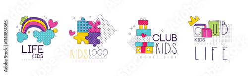 Kids Club and Land Colorful Logo and Label Vector Set