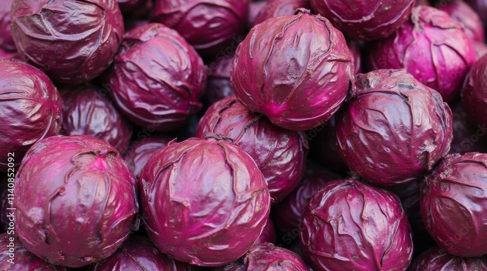 Fresh red cabbage heads are piled together, showing a vibrant purple color and interesting texture Fresh red cabbage heads are piled together, showing a vibrant purple color and interesting texture