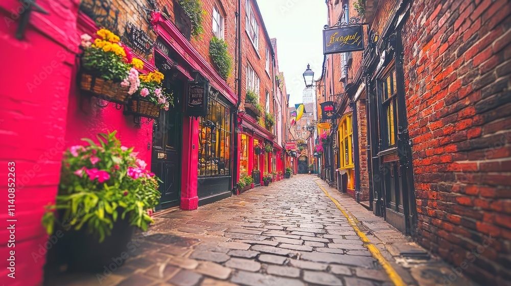 Naklejka premium A vibrant alleyway lined with colorful buildings and blooming flowers.