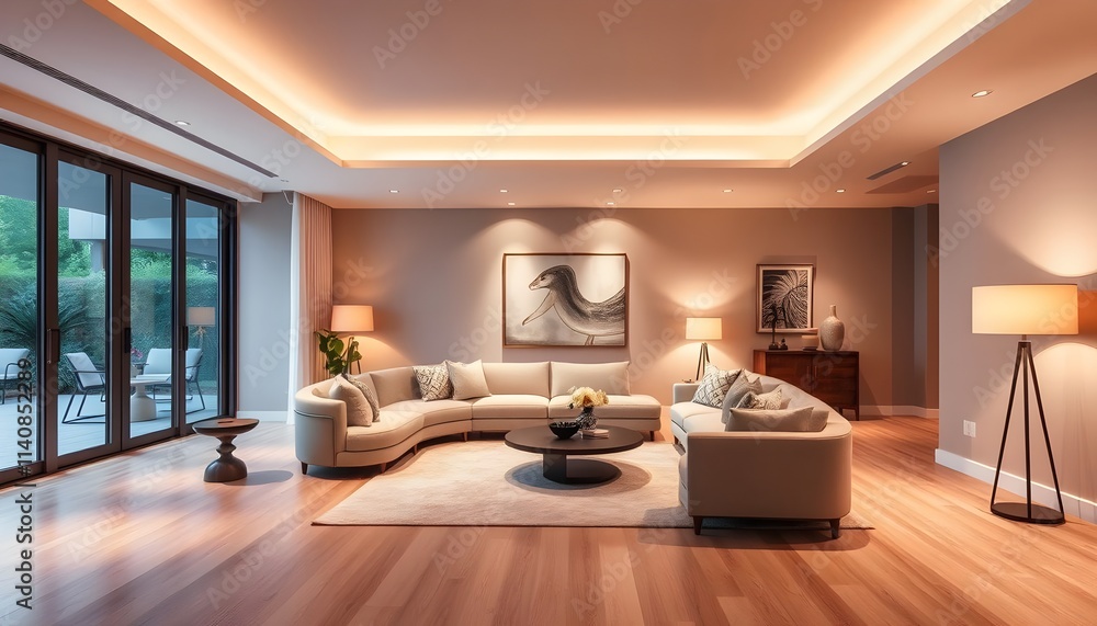 Fototapeta premium Spacious Living Room with Sectional Sofa and Ambient Lighting