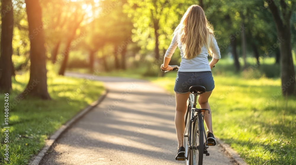 Fototapeta premium Woman Cycling Through Sunny Park: A Serene Summer Ride