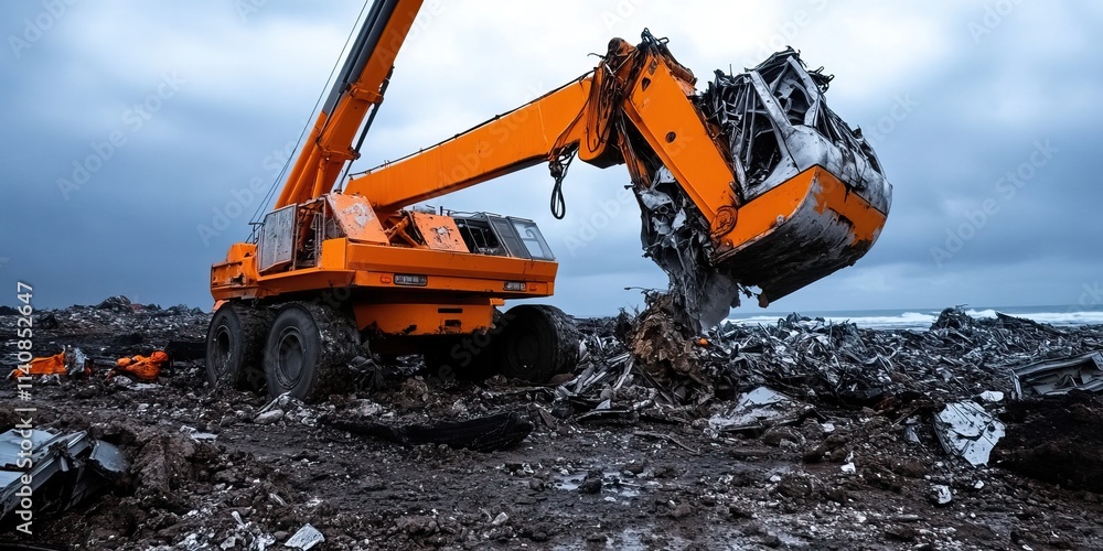 An industrial vehicle lifts debris at a waste site, showcasing a dramatic scene of environmental cleanup amid a cloudy sky. An industrial vehicle lifts debris at a waste site, showcasing a dramatic scene of environmental cleanup amid a cloudy sky.