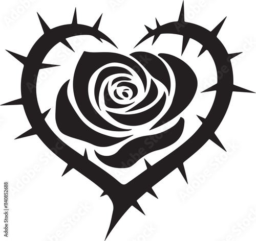 A sleek vector silhouette of a rose with thorns a white background, Valentine's Day breakup vector style silhouette, rose and heart vector