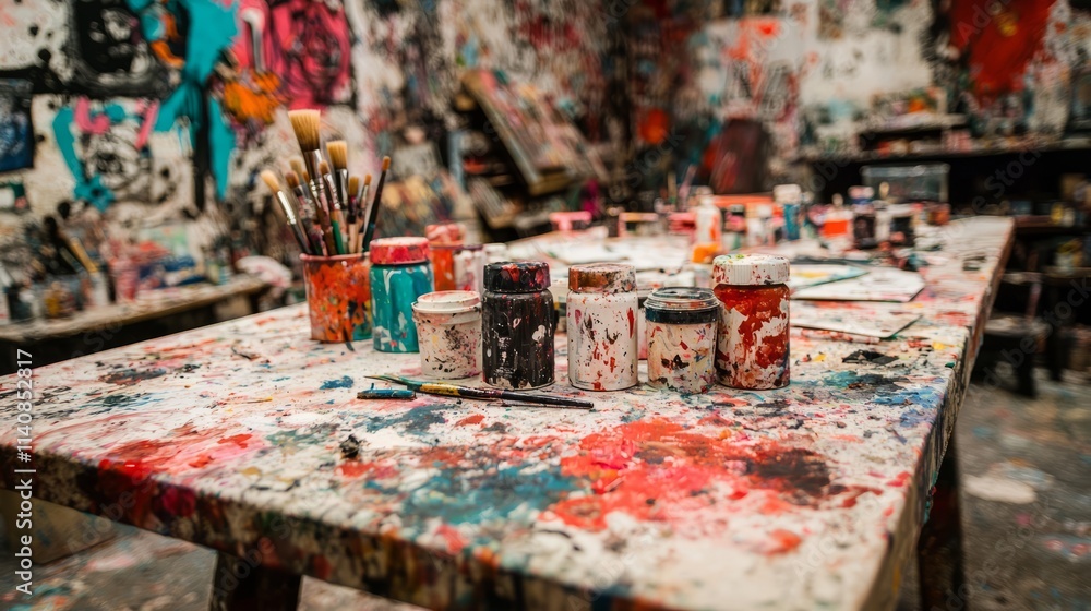 A vibrant art studio with paint cans and brushes on a colorful table. A vibrant art studio with paint cans and brushes on a colorful table.