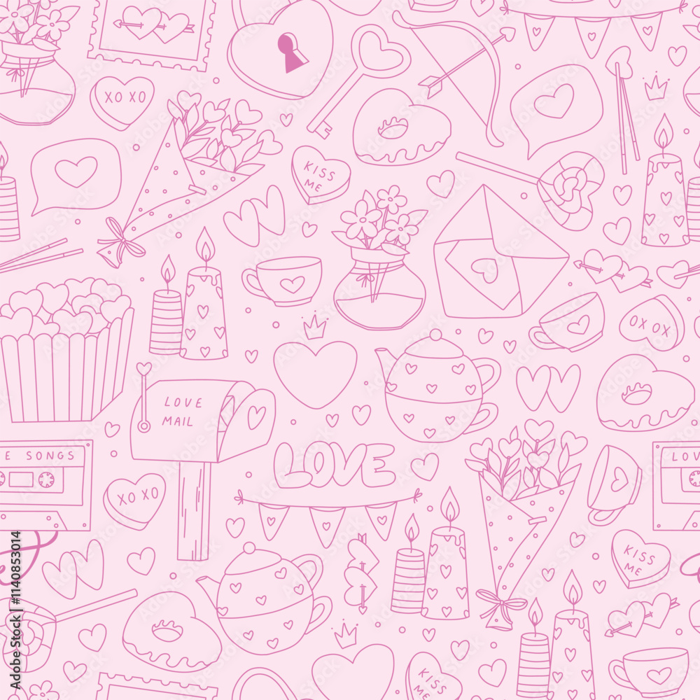 Valentine's day pink seamless pattern with monochrome doodles for wallpaper, textile prints, scrapbooking, backgrounds, digital paper, wrapping paper, etc. EPS 10 Valentine's day pink seamless pattern with monochrome doodles for wallpaper, textile prints, scrapbooking, backgrounds, digital paper, wrapping paper, etc. EPS 10