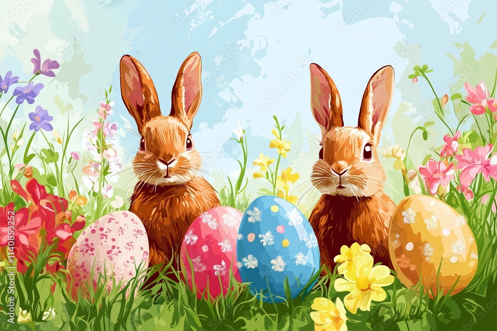Obraz premium Colourful easter banner with bunnies, eggs and flowers. Vector