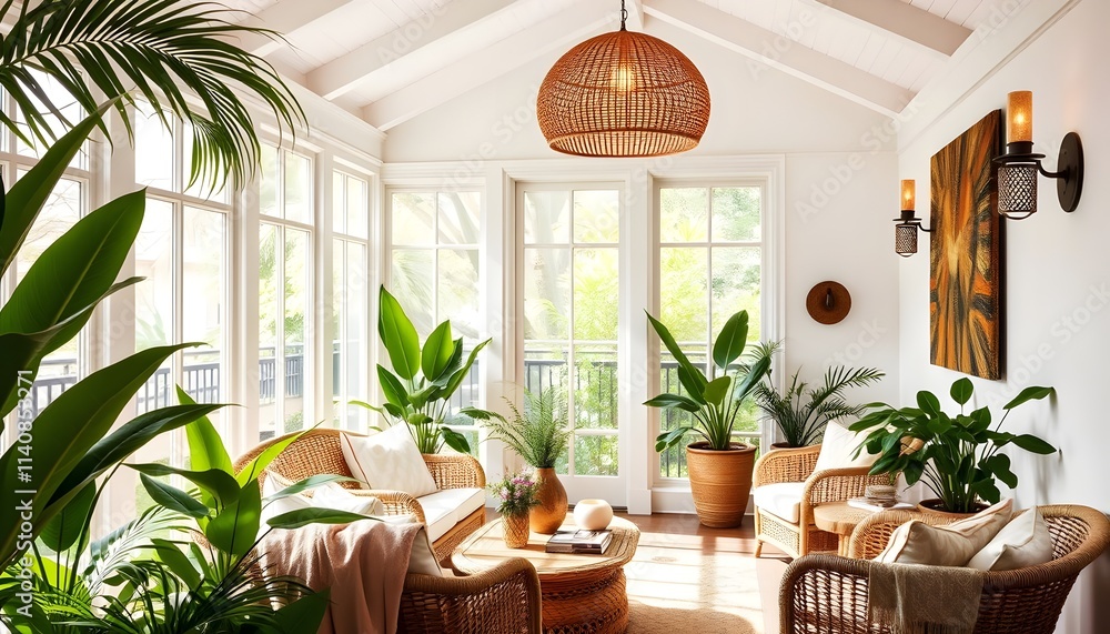 Fototapeta premium Sunroom with Tropical Plants, Wicker Furniture, Natural Light