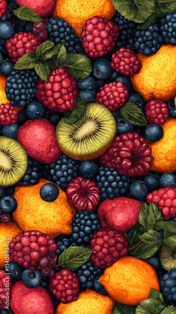 A vibrant assortment of fruits including berries, citrus, and kiwi. A vibrant assortment of fruits including berries, citrus, and kiwi.