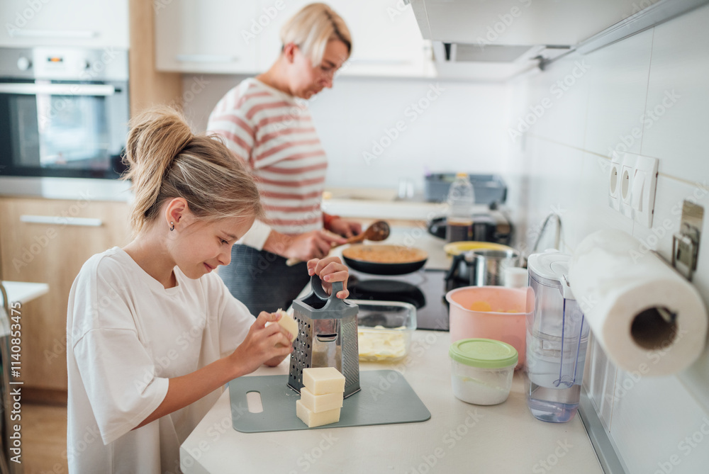 Mother and daughter enjoy cooking session together in modern kitchen sharing togetherness time and bonding over meal preparation. Mother and kid relations and home sweet home concept image. Mother and daughter enjoy cooking session together in modern kitchen sharing togetherness time and bonding over meal preparation. Mother and kid relations and home sweet home concept image.
