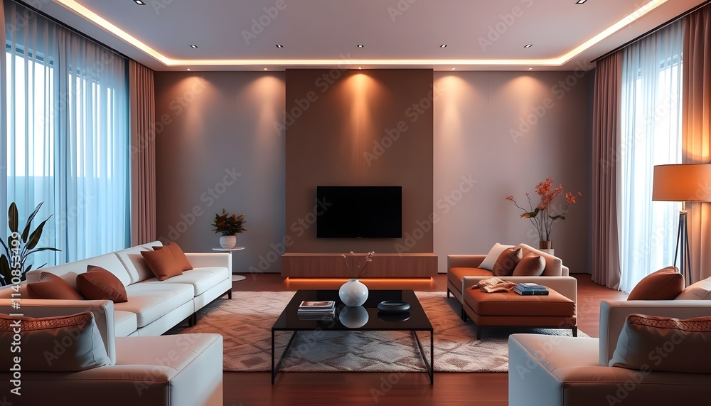 Fototapeta premium Modern Living Room with Warm Lighting, Muted Colors