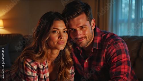 Smiling couple in plaid shirts sitting together on a cozy evening. 