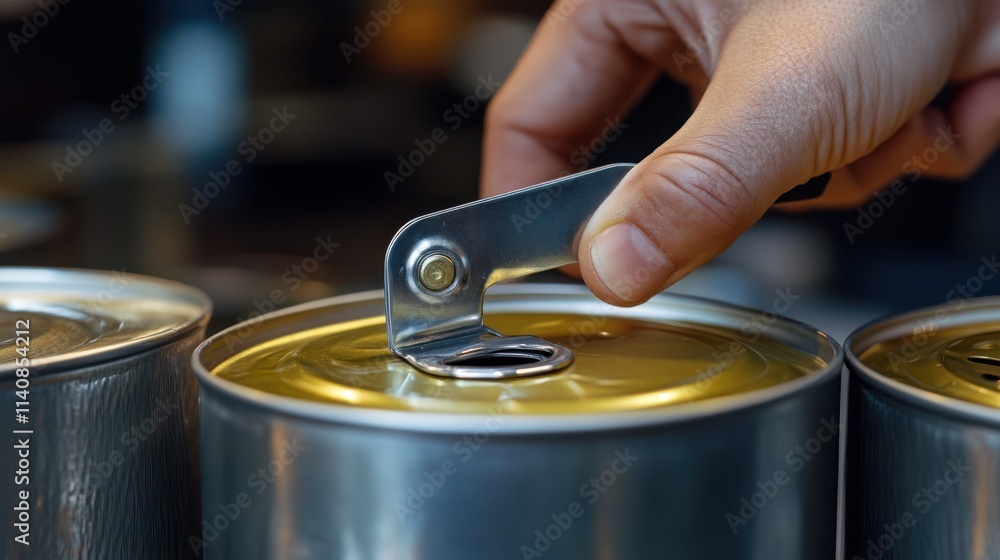 Hand opening a can lid with a metal opener. Hand opening a can lid with a metal opener.