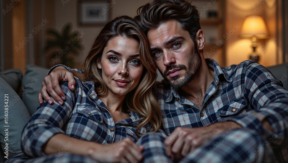 Couple in matching plaid pajamas relaxing together at home
Couple in matching plaid pajamas relaxing together at home