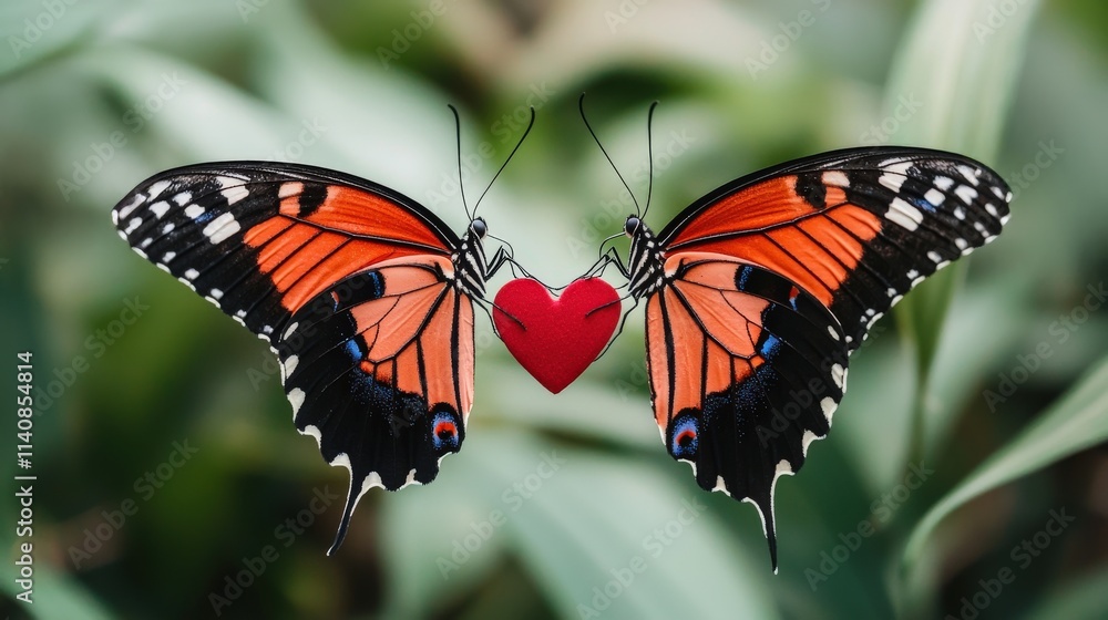 Fototapeta premium Beautiful Monarch Butterflies with Vibrant Orange Wings and Heart Symbol in Nature, Symbolizing Love and Transformation in a Green Background
