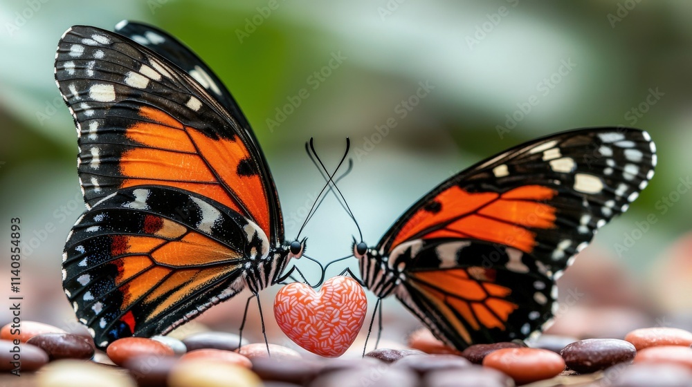 Fototapeta premium Elegant Monarch Butterflies Displaying Affection with a Heart-Shaped Object Surrounded by Colorful Pebbles on a Soft Focus Background