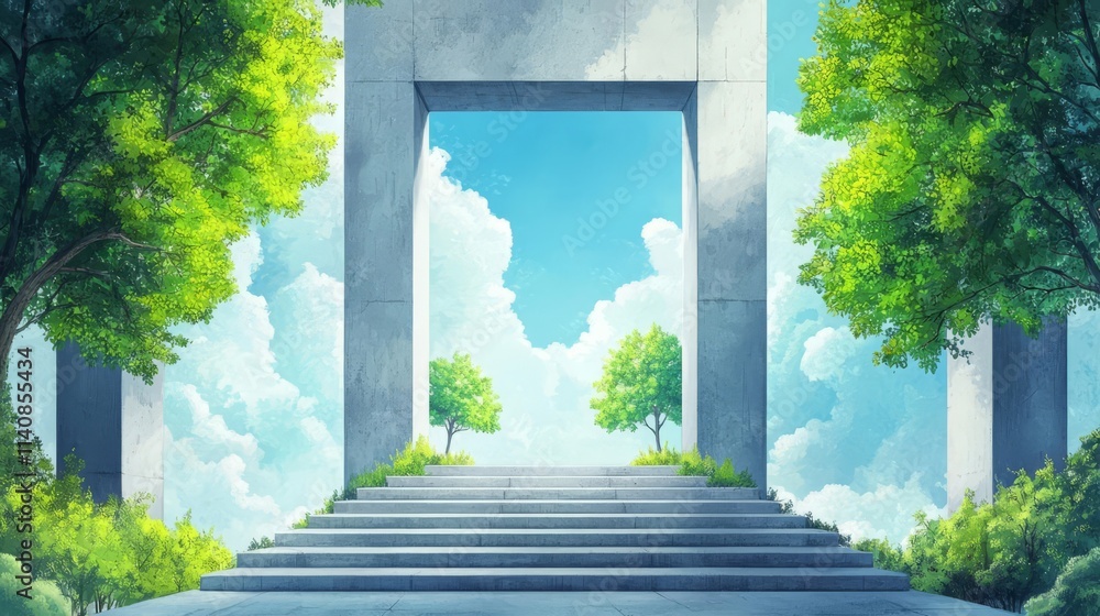 Naklejka premium A serene pathway leading to a bright, open sky and greenery.