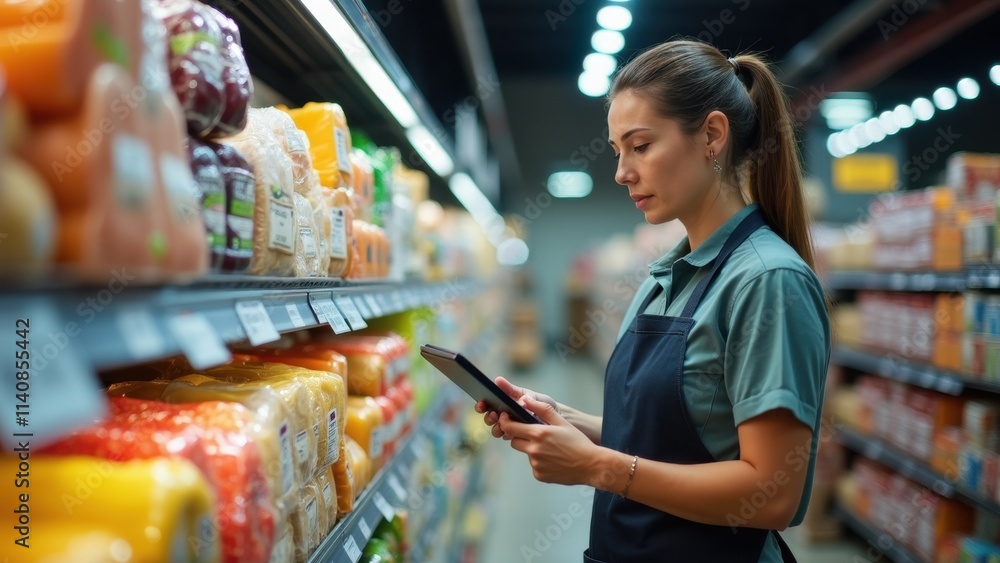 A grocery store worker is using a digital device to check stock levels while standing in front of shelves loaded with different food items during a busy shopping day