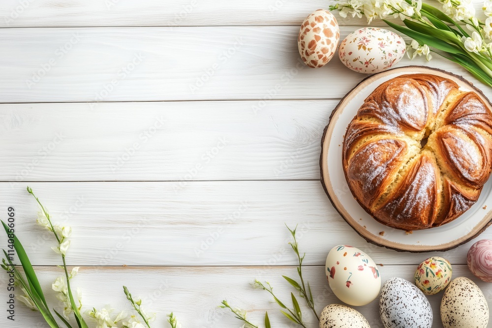 Easter background with traditional yeast cake and festive decoration on white wooden background with copy space. Easter background with traditional yeast cake and festive decoration on white wooden background with copy space.