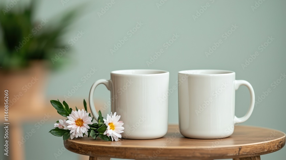 Two Simple Ceramic Mugs with White Flowers on a Wooden Table, Against a Soft Green Background, Ideal for Cozy Beverage and Home Decor Scenes Two Simple Ceramic Mugs with White Flowers on a Wooden Table, Against a Soft Green Background, Ideal for Cozy Beverage and Home Decor Scenes