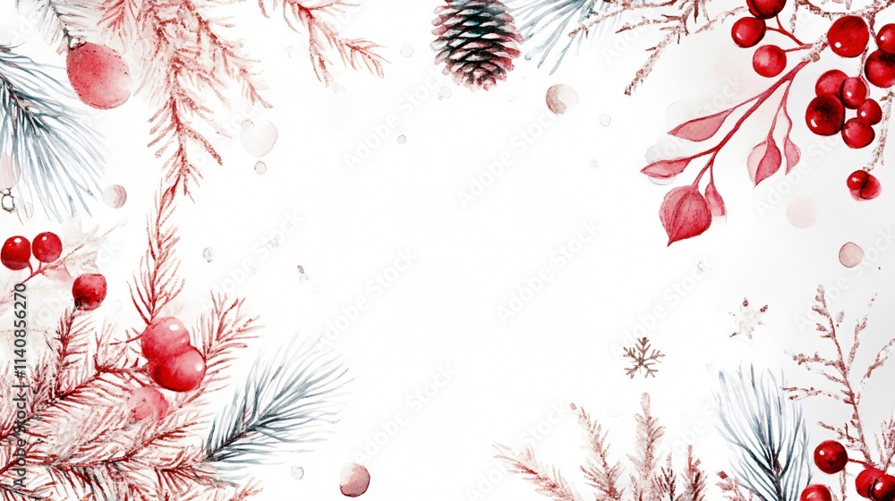 Elegant Christmas Watercolor Frame: Festive Red Berries, Pine Cones, and Winter Greenery Elegant Christmas Watercolor Frame: Festive Red Berries, Pine Cones, and Winter Greenery
