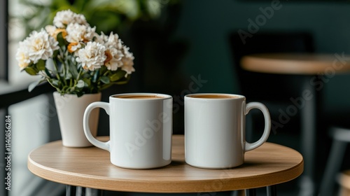 Cozy Scene with Two White Coffee Mugs and a Vase of Flowers on Wooden Table in a Modern Cafe Setting