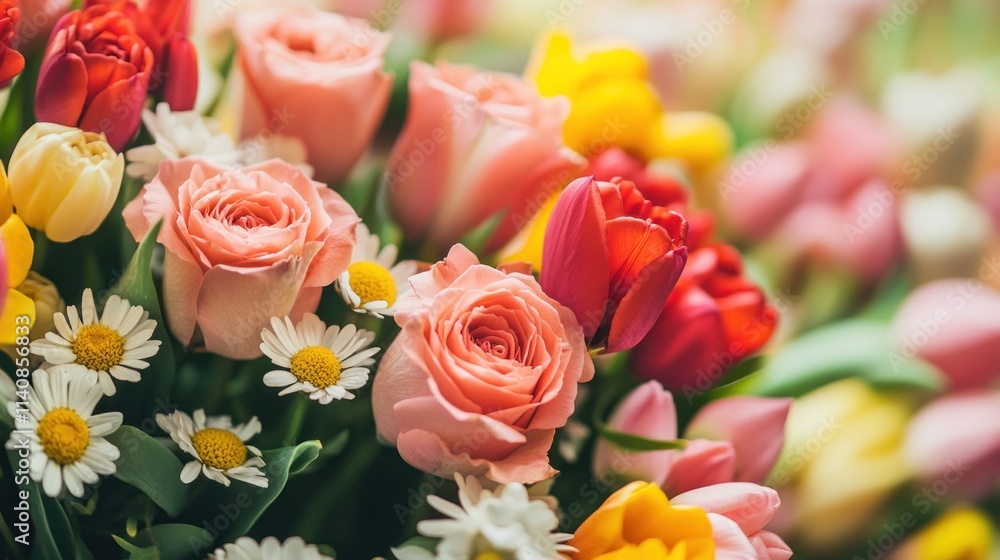 Fototapeta premium A close-up shot of a beautiful bouquet of pink roses, red and yellow tulips, and white daisies.