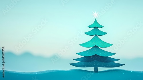 A serene, stylized paper Christmas tree set against a soft blue background.