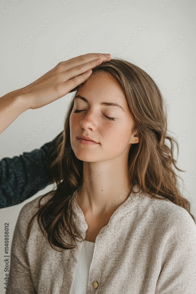 Woman receives gentle forehead touch, eyes closed, peaceful. Woman receives gentle forehead touch, eyes closed, peaceful.