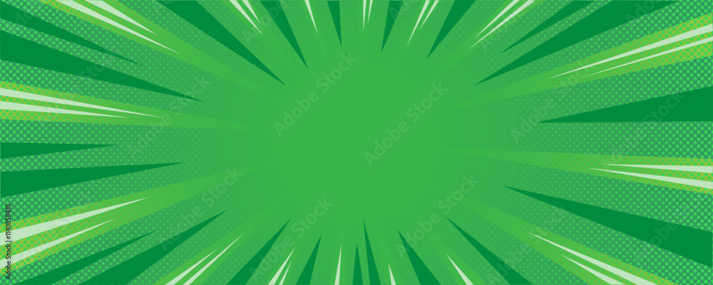 Fototapeta premium Sun rays green background, starburst anime pop art cartoon or comic, dotted texture and explosion effect or sunburst, halftone gradient, fun and exciting template frame.