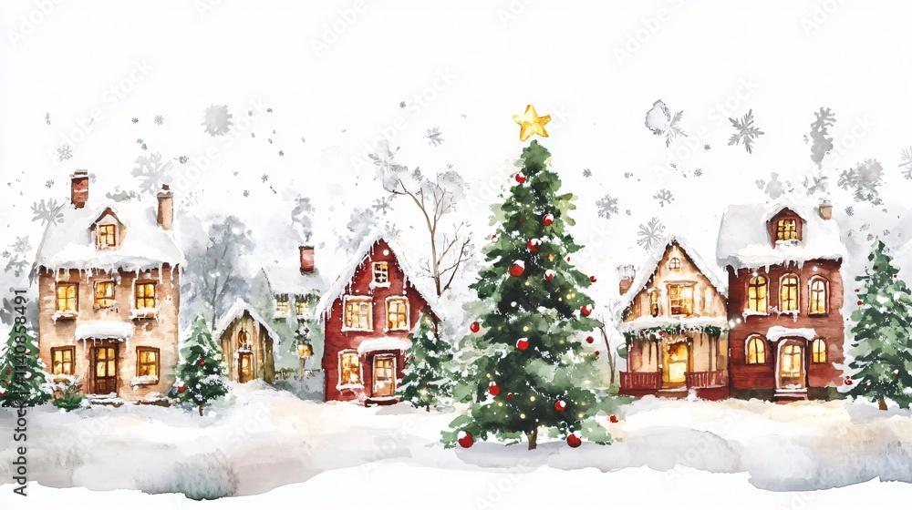 Fototapeta premium A Charming Christmas Village: Cozy Homes and a Festive Tree in the Snow