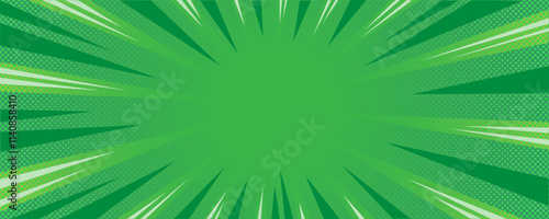 Sun rays green background, starburst anime pop art cartoon or comic, dotted texture and explosion effect or sunburst, halftone gradient, fun and exciting template frame.
