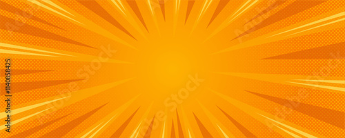 Sun rays orange background, starburst anime pop art cartoon or comic, dotted texture and explosion effect or sunburst, halftone gradient, fun and exciting template frame.