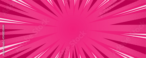 Sun rays pink background, starburst anime pop art cartoon or comic, dotted texture and explosion effect or sunburst, halftone gradient, fun and exciting template frame.