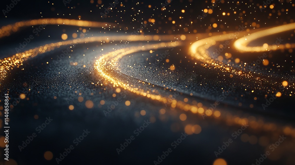 Magic gold dust trail with star shaped sparkles on dark transparent background. Realistic vector illustration of circle and wave path of shine glitter and shimmer particles. Can be used as png. Magic gold dust trail with star shaped sparkles on dark transparent background. Realistic vector illustration of circle and wave path of shine glitter and shimmer particles. Can be used as png.