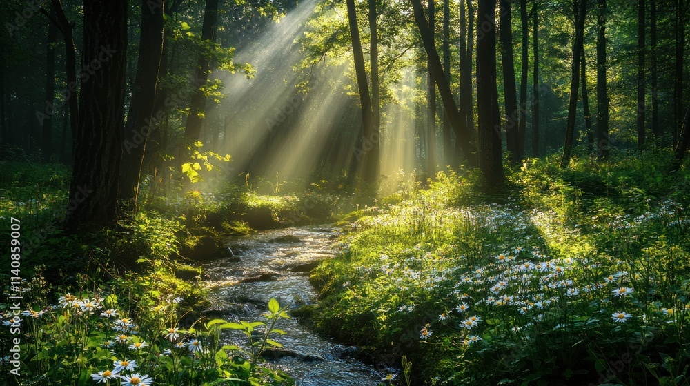Obraz premium Sun rays illuminate a stream running through a dense forest with a field of wildflowers.