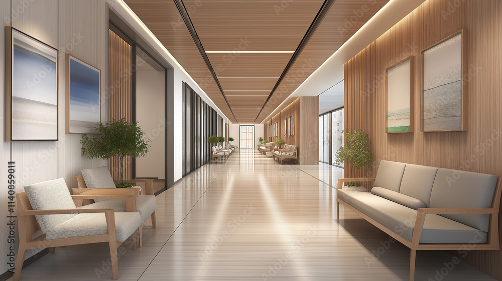 Fototapeta premium Empty corridor in modern hospital with waiting area and hospital bed in rooms.3d rendering