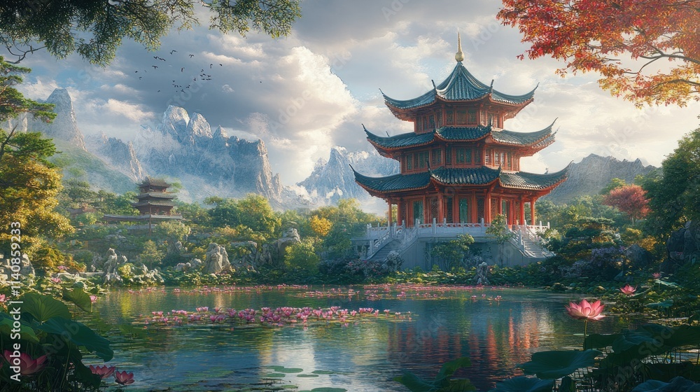 A traditional Chinese pagoda stands on a serene lake with mountains in the background. The water is calm and reflects the sky and the pagoda. Pink lotus flowers bloom in the lake. A traditional Chinese pagoda stands on a serene lake with mountains in the background. The water is calm and reflects the sky and the pagoda. Pink lotus flowers bloom in the lake.