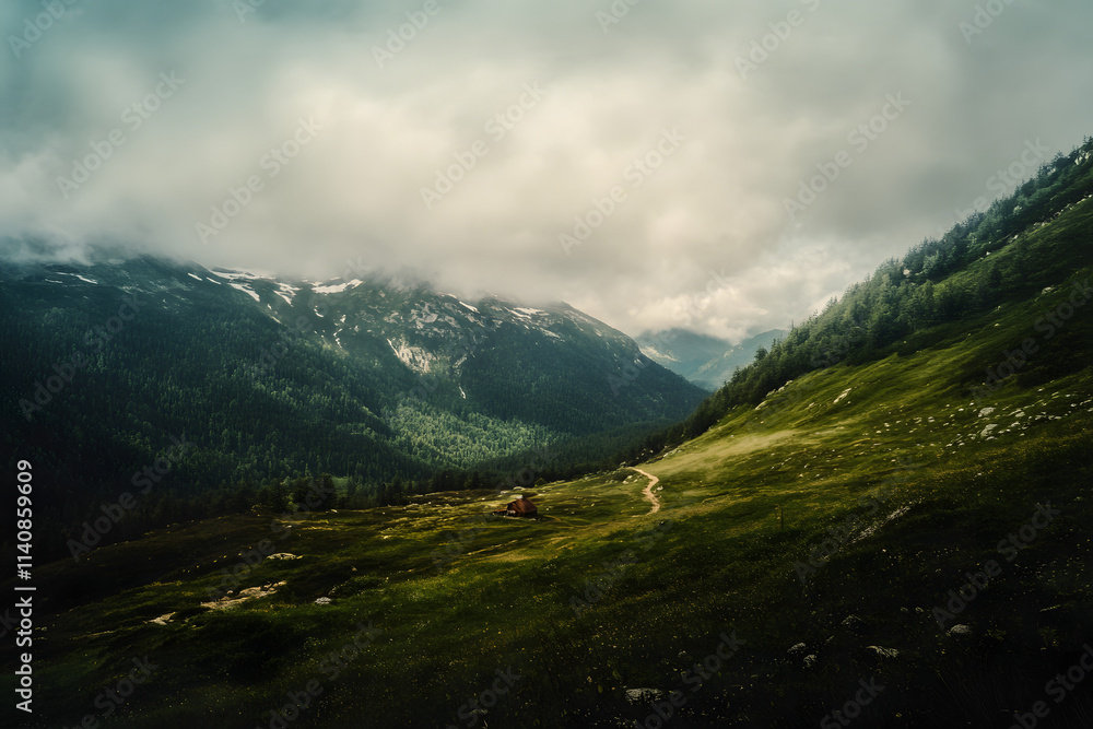 Fototapeta premium Landscape of the Mountains, moody scenic alp mountain photo with low hanging clouds and green meadows