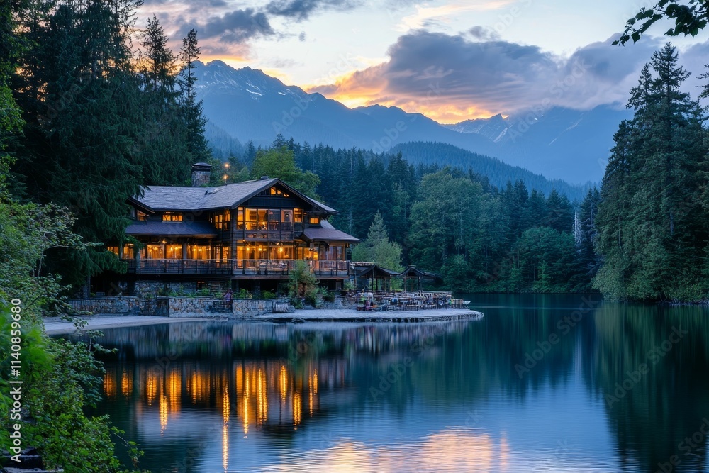 Fototapeta premium Lakeside lodge glows, sunset mountains reflect.