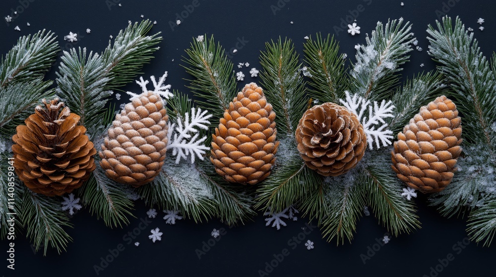top view winter background frost needle pine branch with snowflakes and pinecones on dark background top view winter background frost needle pine branch with snowflakes and pinecones on dark background
