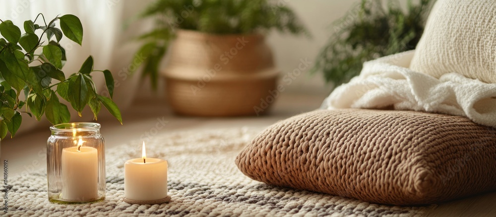 Two burning candles and a knitted cushion on a rug with green plants in the background. Two burning candles and a knitted cushion on a rug with green plants in the background.