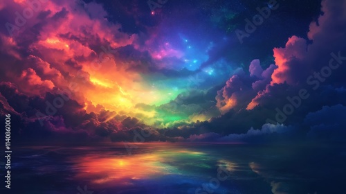 rainbow stars shining galaxy sky with gradient rainbow cloud whimsical dreamy background