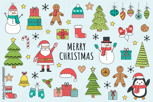 Set with cute cartoon Christmas decorations. X-mas clip arts: Santa Claus, snowman, cookie and tree. Vector illustration